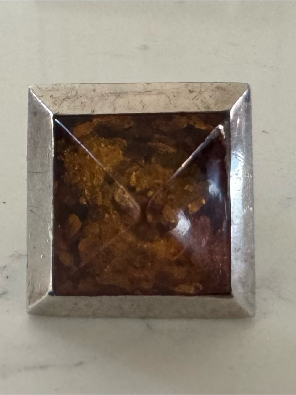 Square Amber Stone and 925 Sterling Silver Ring
